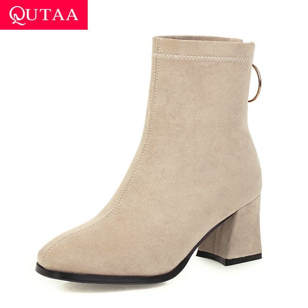 

qutaa 2020 zipper осень зима повседневная круглый toe женщины ботильоны flock площади высокий каблук элегантные женская обувь большого разме, Black