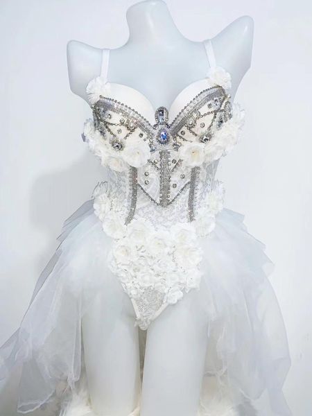 

2019 white lace rhinestone bodysuit female singer dj ds dance wear stage costume leotard nightclub show, Black;red