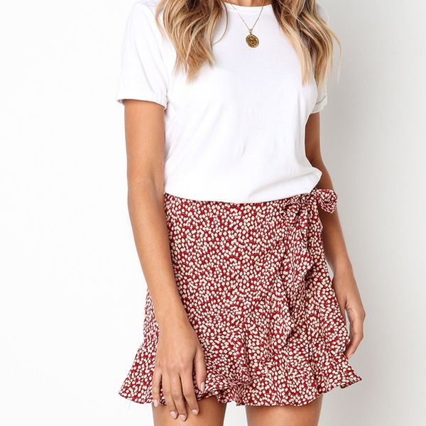

summer bohemian print skirts women ruffle pleated floral short skirt female retro high waist beach evening party mini skirt#1125, Black