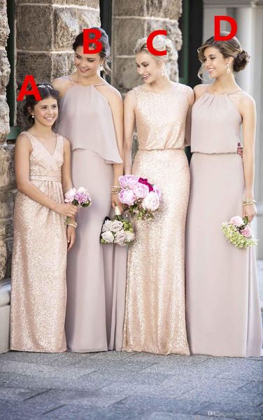 

sheath rose gold sequins bridesmaid dresses different styles same color long mother daugther v neck flower girl dresses, White;pink