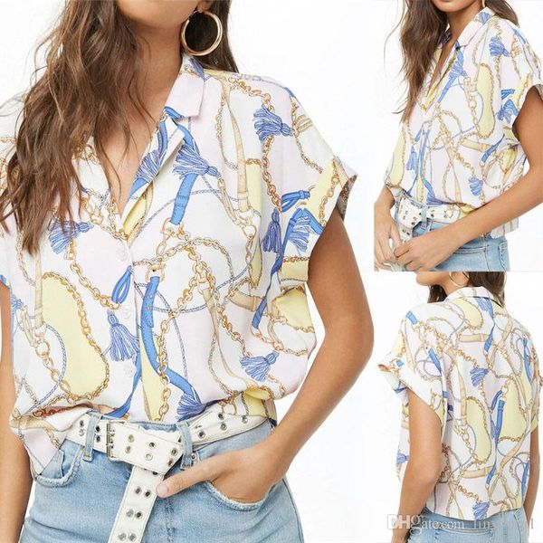 

women summer blouse 2019 chain print batwing short sleeve chiffon blouse turn down collar ladies office shirt casual loose, White