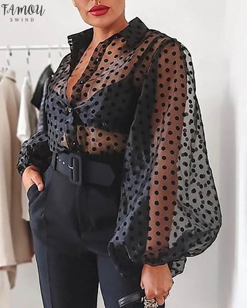 

women polka dot blouse lady early autumn modern mesh shirt short vogue see through loose button puff sleeve blouse high street, White