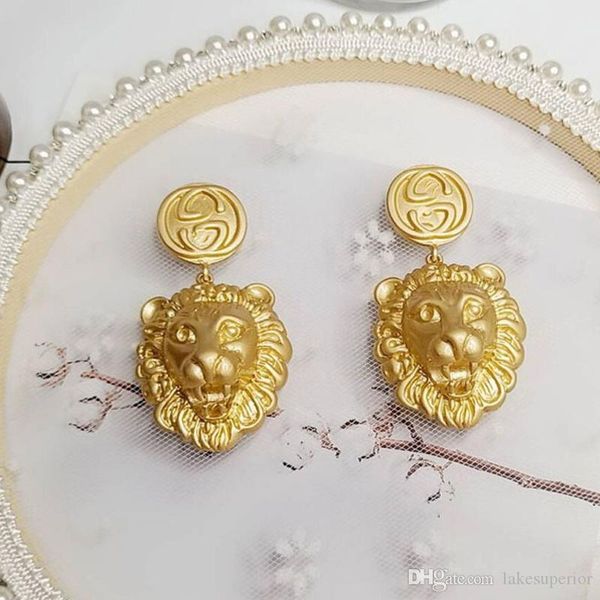 

women letter g stud earring 6.5*3.4cm metal animal lion head long tassel earring gold fashion jewelry accessories, Golden;silver