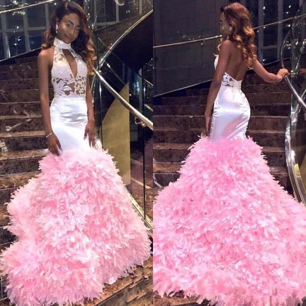 

pink high neck mermaid prom dresses deep v neck keyhole applique backless evening gowns see through special occasion robe de soiree, Black