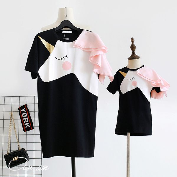 

family matching mother daughter unicorn licorne mommy and me clothes family look girls korean clothing women summer beach dress, Blue