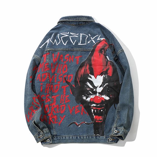 

the evil clown print bad laugh hip hop men's denim jacket baggy big size 2018 new style street fashion s-xl, Black;brown