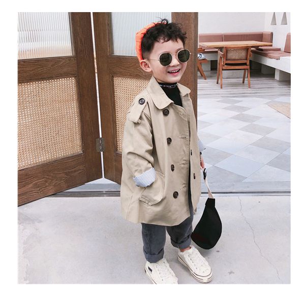 

Boys & Girls Fall Trench Coat New Baby Kids Korean Mid-long Windbreaker Overcoat Spring Children's Turn-collar Outerwear, Khaki