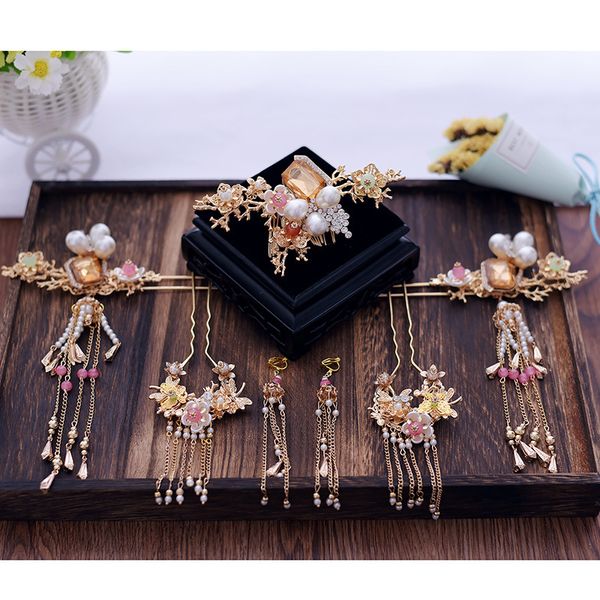 

tassel hairstick comb bride's headdress chinese bridal tiara red antique hair decoration, Golden;white