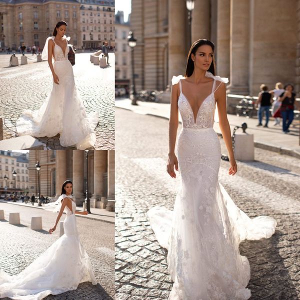 

mermaid millanova wedding dresses sleeveless spaghetti tulle lace applique bow wedding gowns sweep train robe de mariÃ©e, White