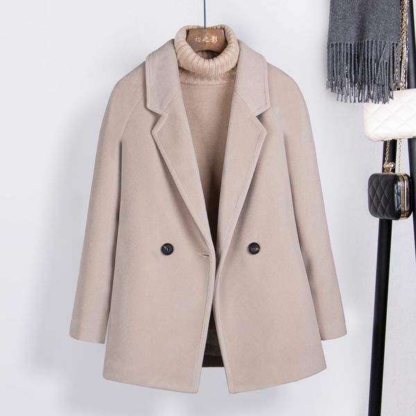 

turn-down collar women cashmer short coat loose single button women's woolen jacket preppy style coat and jacket, Black