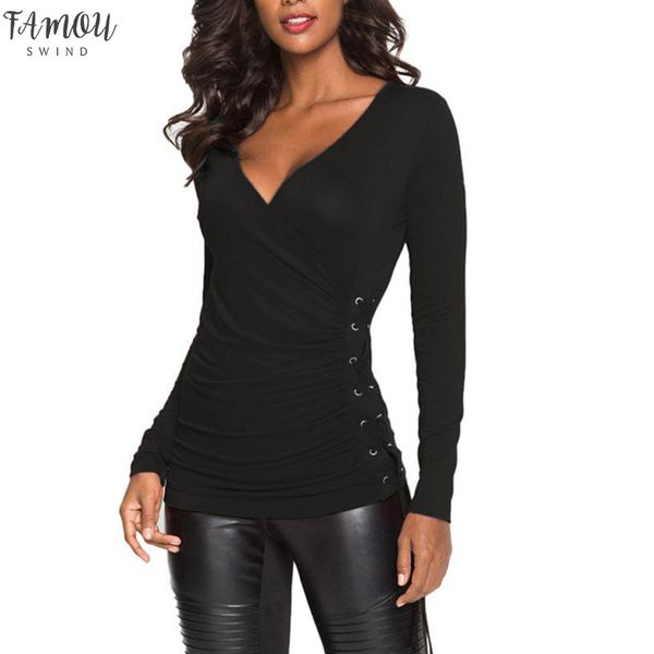 

2019 womens and blouses vintage wrap lace up v neck long sleeve tunic slim tee shirt womens clothing blusas, White
