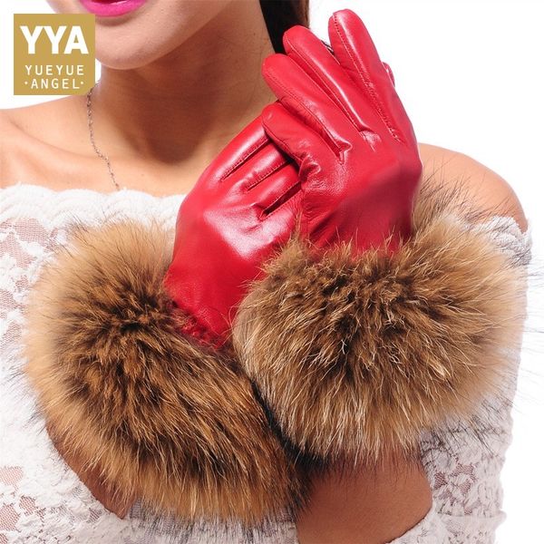 

luxury women' winter sheepskin touch screen gloves real raccoon fur genuine leather glove female black red warm fleece mittens, Blue;gray