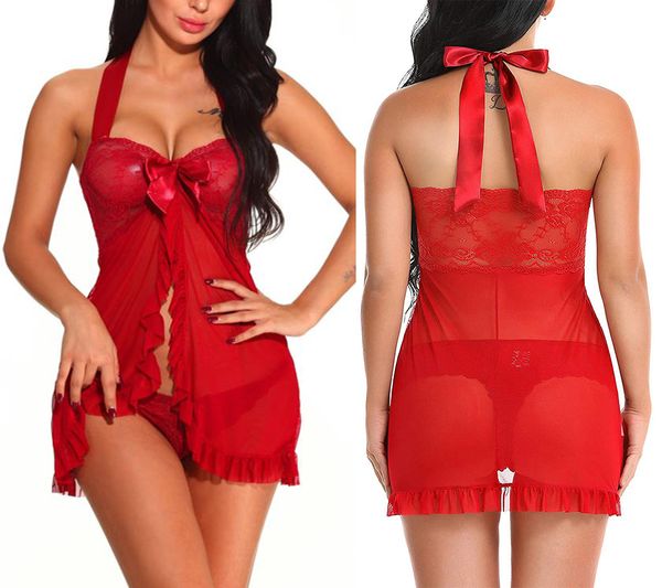 

5 colors 2019 new women soft lace bowknot nightdress open front butterfly nighties romantic temptation lingerie slips, Black;red