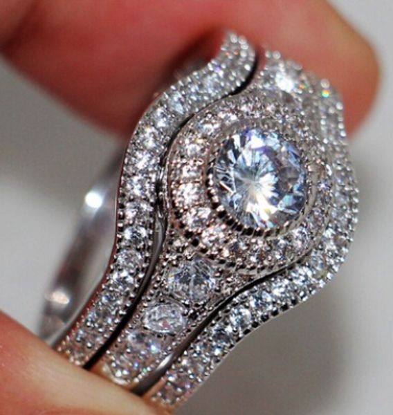 

european and american women's couple ring set ring princess cut simulated diamond wedding ring set gift with box, Slivery;golden