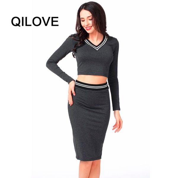 

qilove brand summer women's suit knitted v-neck knee-length two piece set of midriff black skirt suit for autumn2017, Gray