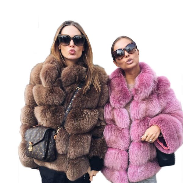 

new faux fox fur coat women winter fashion stand collar artifical fur coats women warm overcoat female faux jacket, Black