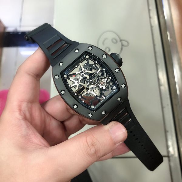 

11-03 luxury watch automatic mechanical movement carbon fiber case scratchproof crystal glass mirror imported rubber strap 50mm 43mm 15.5mm, Slivery;brown