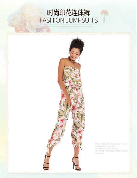 

2020 spring european and american cross-border explosion models new women's off-shoulder casual one-piece straight pants printed chiffon jum
