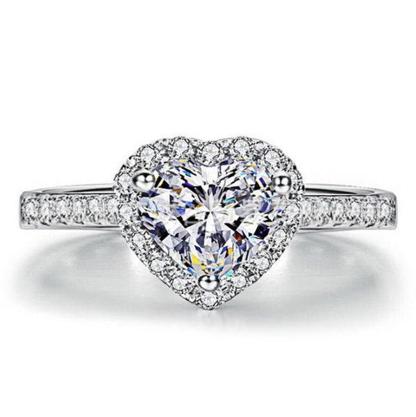 

fashion crystal rhinestone love heart shaped wedding rings women's zircon engagement rings glamour jewelry gift ing, Silver