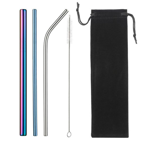

metal reusable straw eco-friendly 304 stainless steel straw smoothies drinking straws set with brush & bag wholesale sale