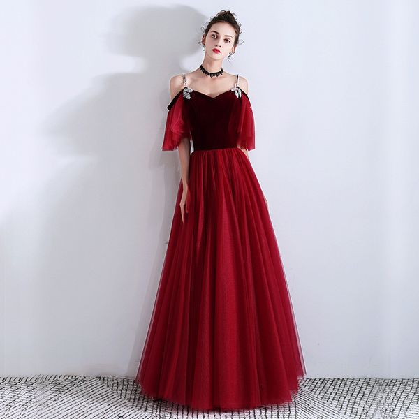 

elegant femalw evening party dress exquisite spaghetti strap qipao faux crystal bling cheongsam a-line bridal wedding gown, Red