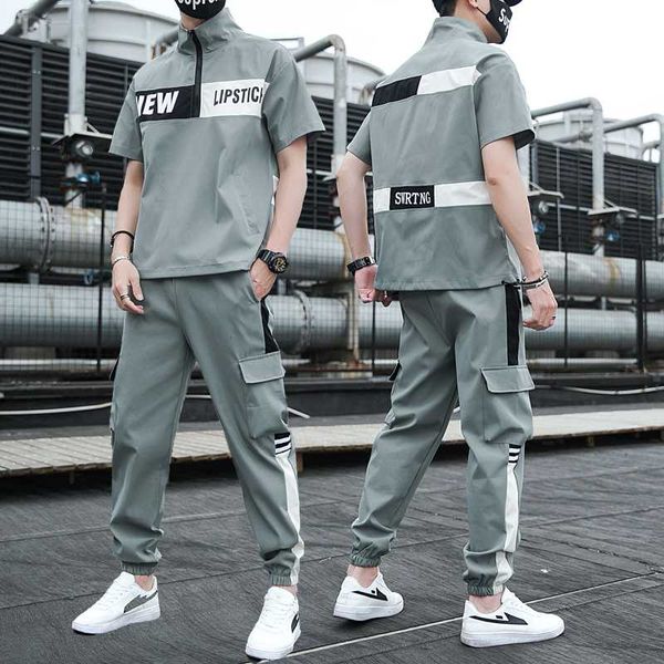 

2020 tracksuit men casual men's sportsuit army green short sleeve sweatshirts and pants male clothing set, Gray