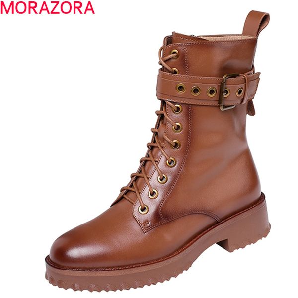 

morazora 2020 plus size 34-42 genuine leather ankle boots fashion lace up buckle shoes woman med heels round toe women boots, Black