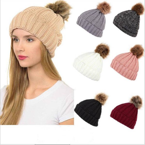

knit hats fur pom beanie winter solid hats ski skull caps crochet skullies cap fashion xmas party hat wool outdoor caps gifts d6231, Yellow