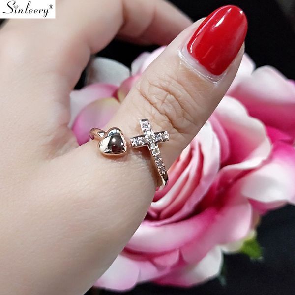 

sinleery adjustable rings for women silver rose gold color crystal inlay small heart cross engagement rings jewelry jz433 ssd, Slivery;golden