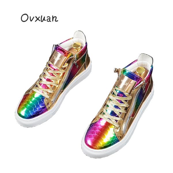 

high men loafers autumn winter laser rainbow leather prom dress men shoes leisure hip hop boots hombre botas flats sneakers, Black