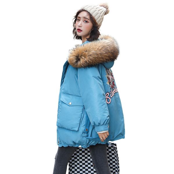 

plus size real raccoon hair collar korean thick 2019 cotton clothes embroidery parka winter coat women cotton padded jacket b596, Black