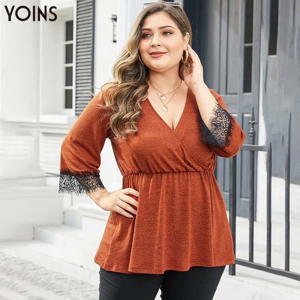 

yoins v neck 3/4 length sleeve crossed front high-waisted blouse 2019 elegant patchwork lace trim shirt women casual ladies, White