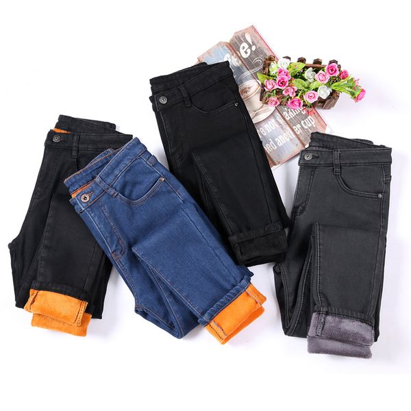 

winter fleece velvet pencil jeans for women casual pants high elastic waist gold fleeces inside warm pants, Blue