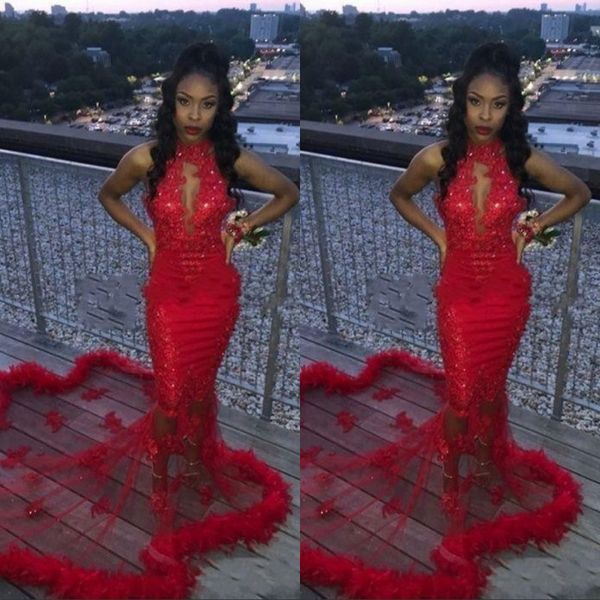 

red african 2k19 mermaid prom dresses feather sequined mermaid evening dress count train see through backless cocktail party gowns, Black