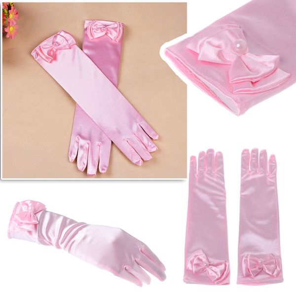 

klv kids long gloves bow knot girls prom finger satin elbow costume princess sleeves, Blue;gray