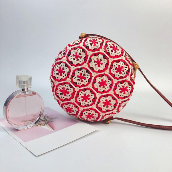 

women circle hand woven bali round retro rattan straw beach multicolor shoulder crossbody bag small fragrance handbag #o
