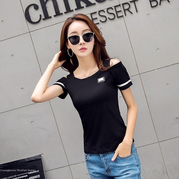 

2019 shoulder strap slim and one-line collar strapless short-sleeved female 2019 t-shirt shoulder strap slim and one-line collar s, White