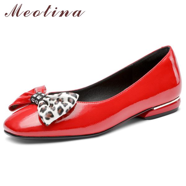 

meotina spring ballet flats women shoes patent leather bow flat loafers shoes square toe lady red size 33-43, Black