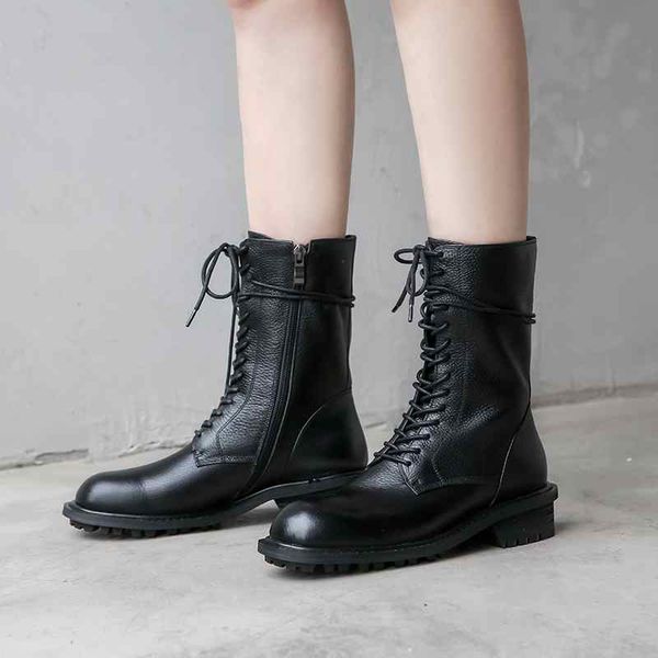 

new winter shoes women's keep warm boots genuine leather lace up round toe classic basic comfortable mid-calf boots, Black