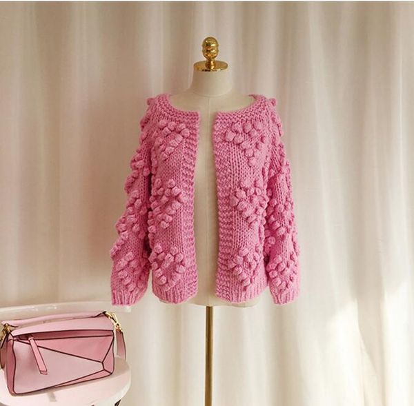 

2019 winter pink ball cardigans women lantern sleeve knitted loose sweaters oversized open stitch ladies outerwear poncho women, White