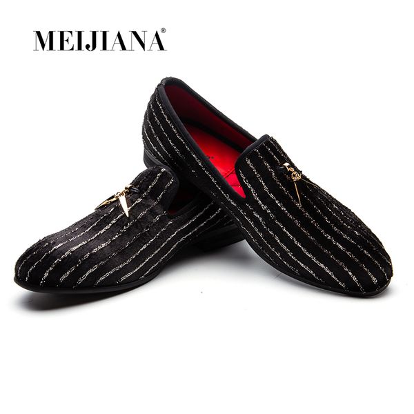 

meijiana striped loafers men flats crystal slippers black/red suede slip-on strass dress shoes wedding party