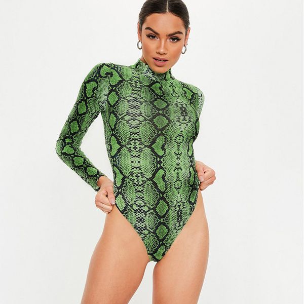 

women bodysuit turtleneck body suits long sleeve skinny print snake casual print bodycon playsuit rompers womens jumpsuit, Black;white