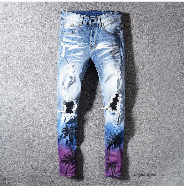 

роскошь дизайнер джинсы coconut пальмового цвета печати мода мужчина культивировать мораль плохо растянуть джинсы отверстие отверстия новой, Blue