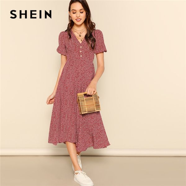 

SHEIN Button Front Allover Print V-Neck Dress Women 2019 Posh Summer Burgundy A Line Short Sleeve Fit and Flare Dresses
