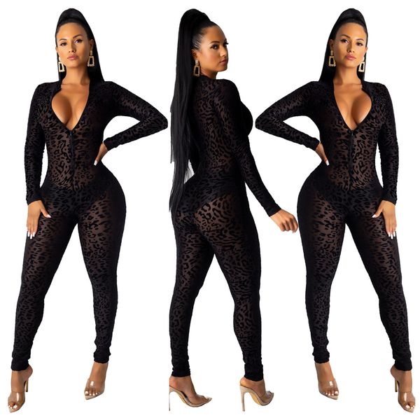 

a8387european and american women's fashion mesh flocked leopard print long sleeve see-through jumpsuit, Black;white