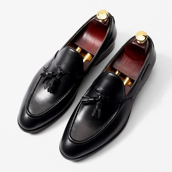 

italy men's handmade tassel loafers business dress genuine leather shoes leisure comfartable fashion wedding shoes eur size38-44, Black