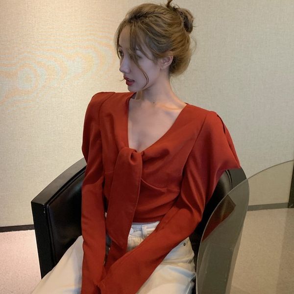 

осень 2019 новый короткого тонкий с длинным рукавом pure color lace out плечи рубашка top женская одежда, White