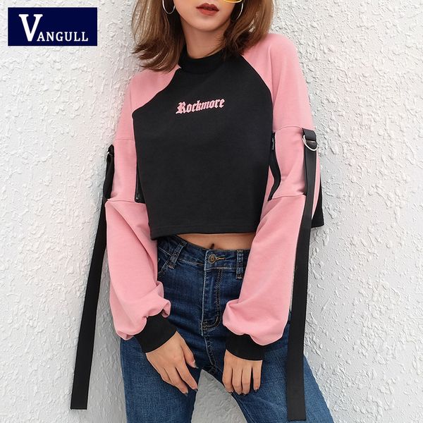 

vangull women patchwork letter print hoodies cropped streetwear long sleeve sweatshirt black pink knitted loose pullover hoodie