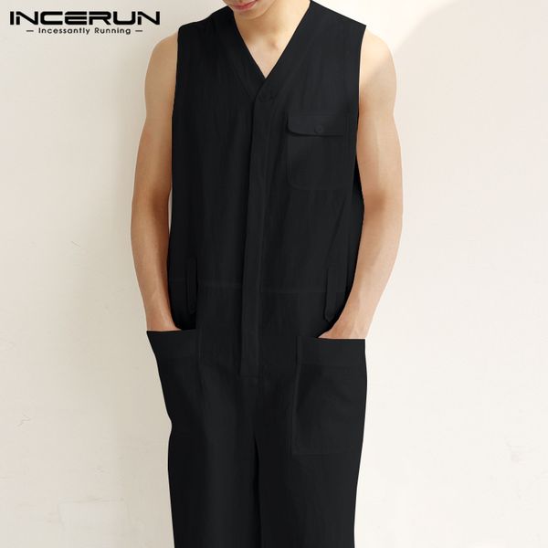 

2020 men cargo overalls sleeveless jumpsuit men cotton multi pockets solid color v neck rompers streetwear pants plus size, Black