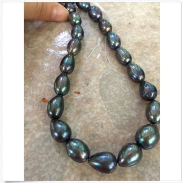

huge 12-13mm tahitian baroque black green pearl necklace 18inch 14k, Silver